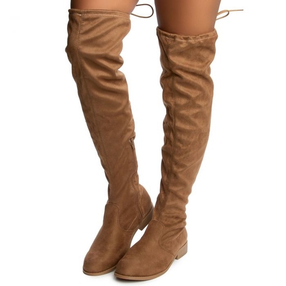 NWT Women’s Size 7 Wild Diva Oksana Over The Knee Drawstring Boot In Taupe Color - Picture 3 of 11